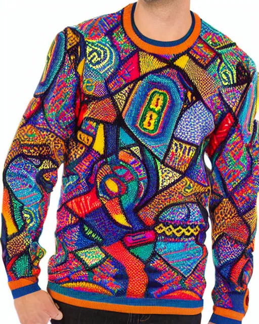 Image similar to new colorful coogi sweater with intricate woven patterns