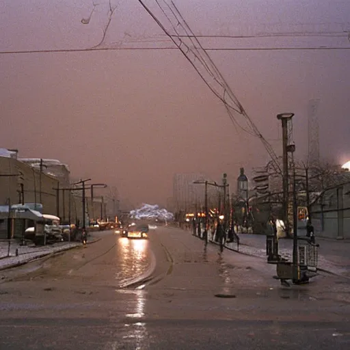 Prompt: 1990s movie still of a Norilsk street with many pedestrians with stalinist style highrise as a loading screen ,orbit space soviet city, Cinestill 800t 18mm, heavy grainy picture, very detailed, high quality, 4k panoramic, HD criterion, dramatic lightning, streetlight at night, rain, mud, foggy, soviet flags