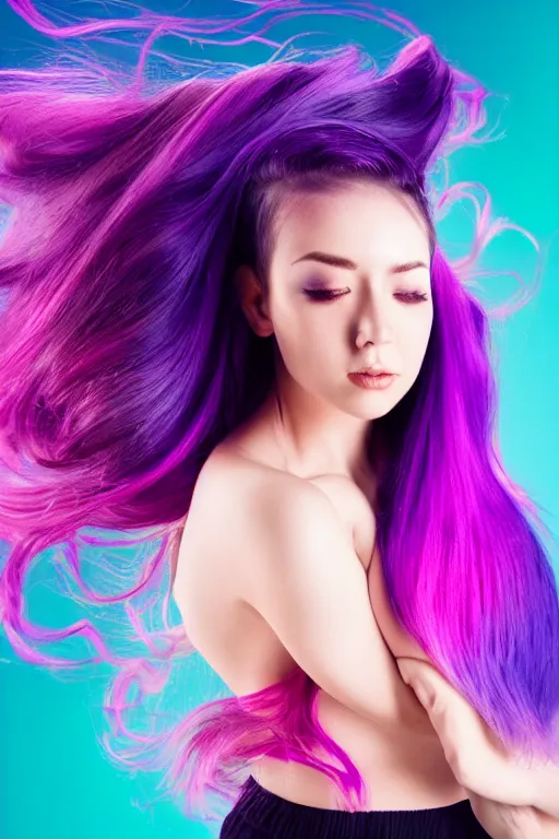 Image similar to a award winning half body shot of a beautiful woman in a croptop with ombre purple pink teal hairstyle with head in motion and hair flying, outrun, vaporware, highly detailed, fine detail, intricate