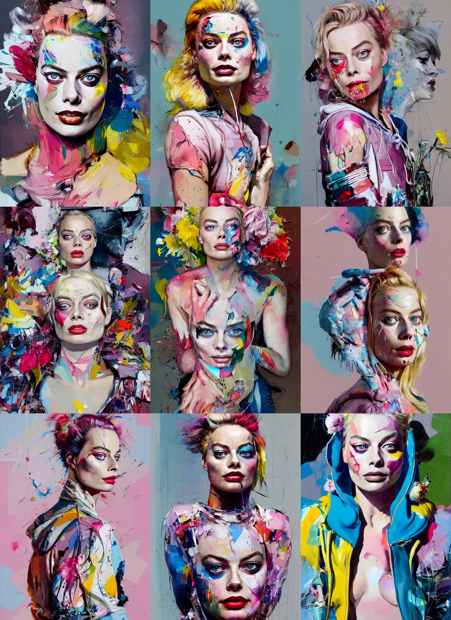 Prompt: margot robbie in the style of martine johanna and! jenny saville!, wearing a hoodie, standing in a township street, street fashion outfit, haute couture fashion shoot, mascara, full figure painting by john berkey, david choe, ismail inceoglu, decorative flowers, 2 4 mm, die antwoord ( yolandi visser )