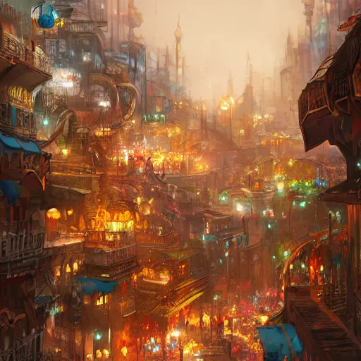 Image similar to Amagical eastern civilization at night, built around ocean, full with people, a lot of lights, multi layered huge architectures. Trending on artstation