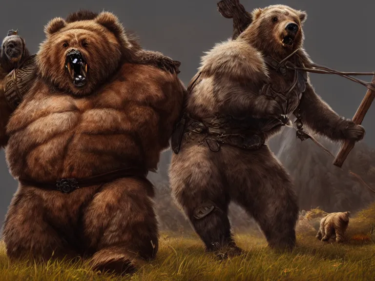 Prompt: High Fantasy Dwarf fights Grizzly Bear, RPG Portrait, Oil Painting, Trending on Artstation, octane render, Insanely Detailed, 8k, HD