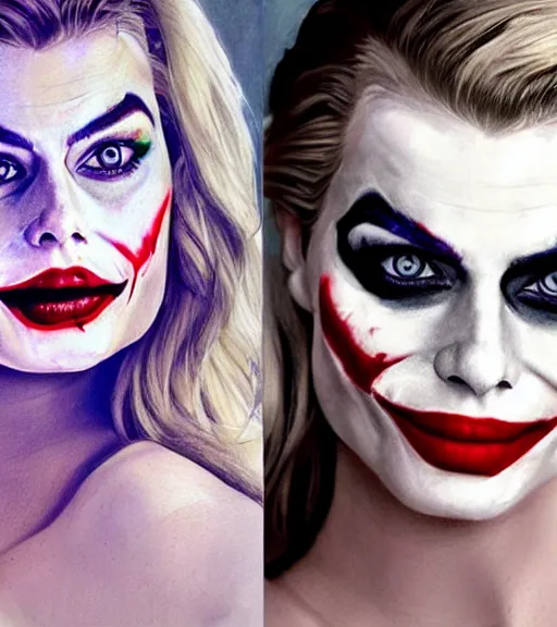 Prompt: margot robbie portrait with joker makeup, pencil drawing, realistic face, beautiful eyes, smiling, hyper realistic, highly detailed
