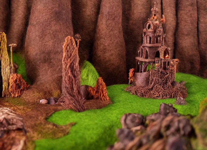 Image similar to high - res photograph of a felt and copper wire sculpture diorama with fantasy castles, highly detailed sculpey diorama, forest setting in iceland, waterfall backdrop, realistic materials, wood, felt, cloth, burlap, copper wire, hot glue, smooth, sharp foccus, commercial product photography,