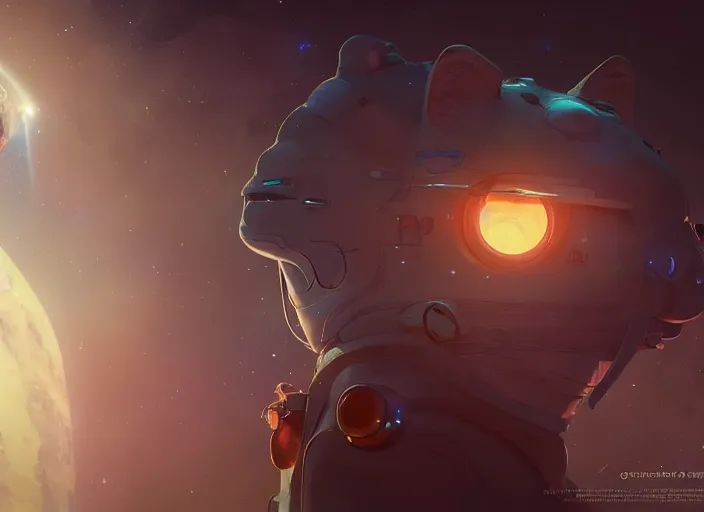 Prompt: a space cat staring role in a musical sci - fi space opera ghibli animated film, volumetric lighting, octane render by stanley artgerm lau, greg rutkowski, thomas kindkade, alphonse mucha, loish, norman rockwel,