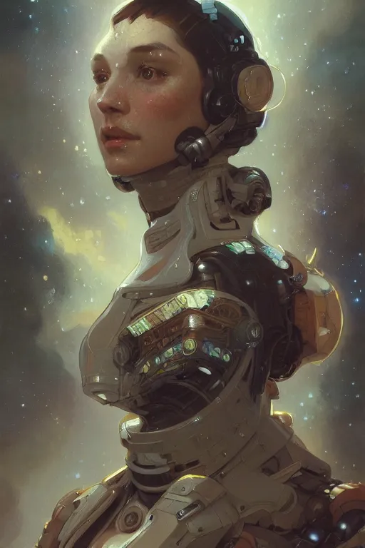 Prompt: A full portrait of a scifi heavy deep space freighter pilot, intricate, elegant, highly detailed, digital painting, artstation, concept art, smooth, sharp focus, illustration, art by Krenz Cushart and Artem Demura and alphonse mucha