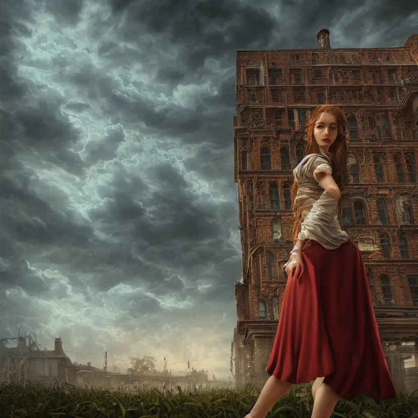 Image similar to a beautiful Cotton Mill Girl, symmetrical, centered, dramatic angle, ornate, details, smooth, sharp focus, illustration, realistic, cinematic, artstation, award winning, rgb , unreal engine, octane render, cinematic light, macro, depth of field, blur, red light and clouds from the back, highly detailed epic cinematic concept art CG render made in Maya, Blender and Photoshop, octane render, excellent composition, dynamic dramatic cinematic lighting, aesthetic, very inspirational, arthouse by Henri Cartier Bresson