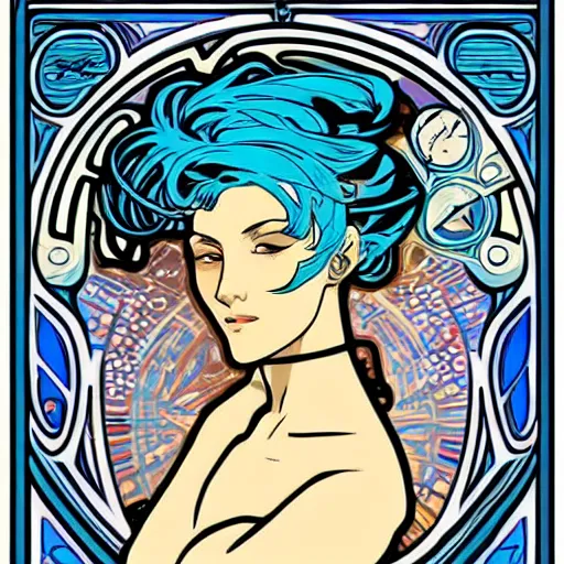 Prompt: Alphonse Mucha style cyborg girl with blue hair