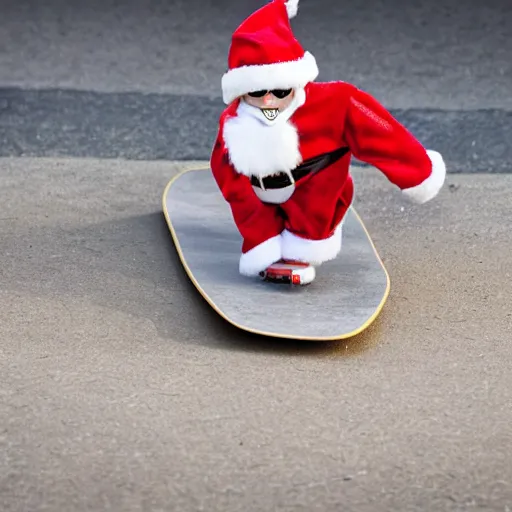 Prompt: penguin in santa hat on skateboard