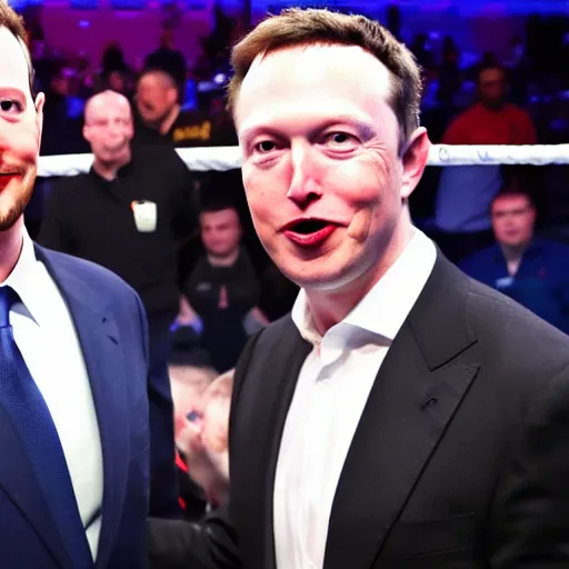 Image similar to mark zuckerburg and elon musk face to face before a boxing match,