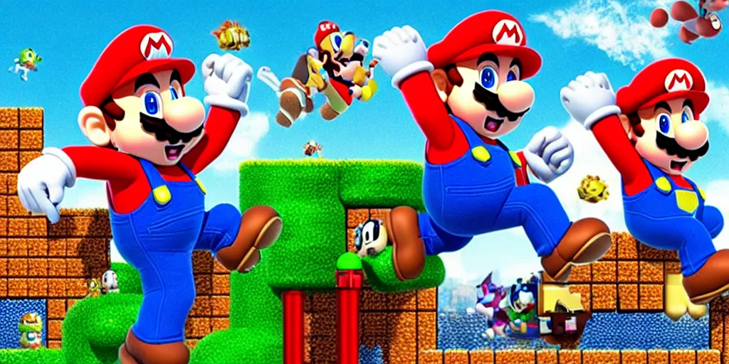 Image similar to Still of Super Mario Brothers movie adaptation in the style of Michael Bay cinematic, technicolor, intense, fantasy