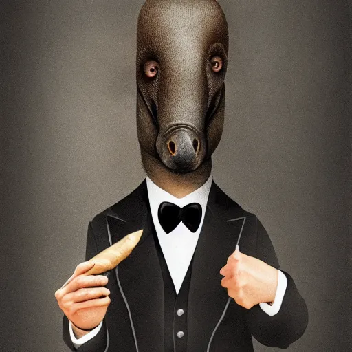 Prompt: a portrait of a platypus wearing a black suit, smoking a cigar, gorgeous, intricate, elegant, volumetric lighting, scenery, high detail digital art, smooth, picaso, illustration, concept art