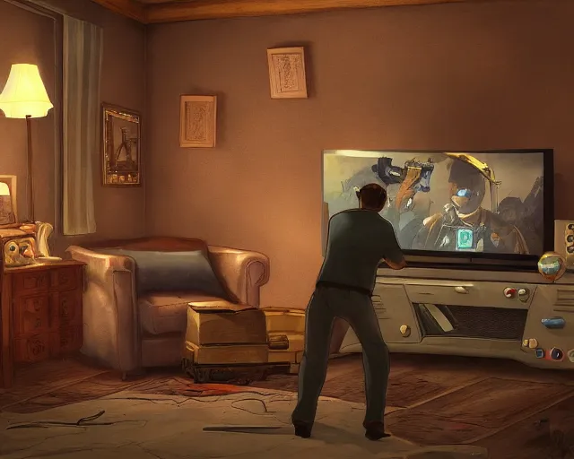 Image similar to a beautiful illustration of my friend mark kidd, playing fallout new vegas on the xbox 3 6 0 in his living room. the tv is the only light source, in the style of studio ghibli, artwork by studio ghibli, cinematic composition, anime