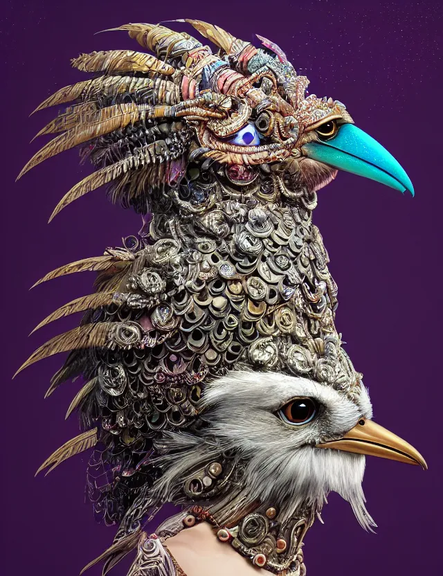 Image similar to 3 d goddess close - up profile portrait with feathers, fur, and bones wearing a beautiful intricately detailed kookaburra mask and retrowave sorceress outfit. lizard scales, reflective chitin, optical mineralogy, songlines, plasma, creature, artwork by tooth wu and android jones wlop and android jones and beeple and greg rutkowski