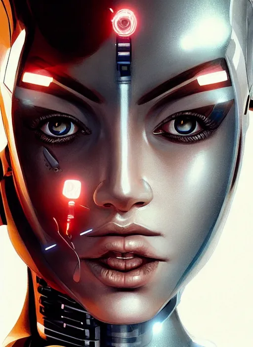 Image similar to portrait of a cyborg woman who turns her head to the ((((((right))))) left+350.1 (((((up))))) (((((down))))) by Artgerm,eyes closed , biomechanical, hyper detailled, trending on artstation