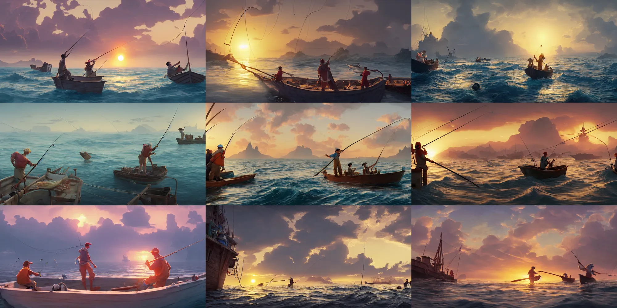 Prompt: fishermen catching fish with rods in their ship at sea and reacting to the fish caught, fishing boat, studio Ghibli, Pixar and Disney animation, sharp, Rendered Unreal Engine 5, film key art, Greg Rutkowski, Bloom, dramatic lighting, sunrise