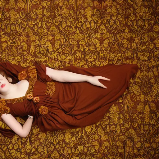 Image similar to preraphaelite photography reclining on bed, a hybrid of judy garland and lady gaga, aged 2 5, big brown fringe, yellow ochre ornate medieval dress, william morris, 4 k