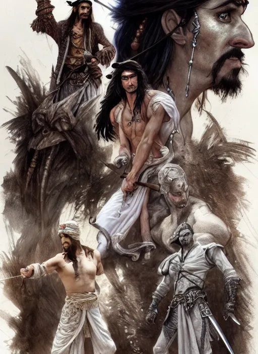 Image similar to detailed pencil spot illustrations of various character concepts from the prince of persia game and pirates of the caribbean movie, various poses, by burne hogarth, by bridgeman, by anthony ryder, by yoshitaka amano, by ruan jia, by conrad roset, by mucha, artstation, artstation.