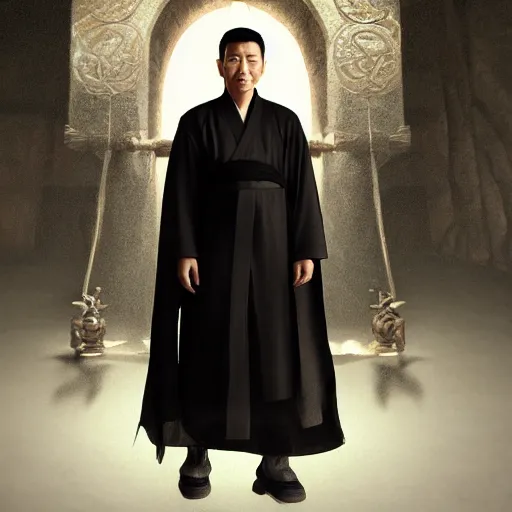 Image similar to portrait painting of a 3 5 - year - old chinese man, taoist priest, dressed in black taoist robe, like andy lau, immortal bone, affable ， wenjun lin, unreal engine 5 highly rendered, global illumination, radiant light, detailed and intricate environment