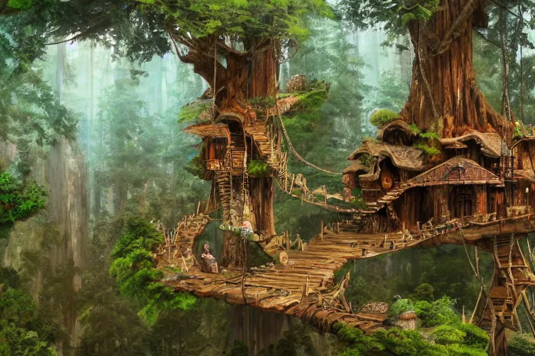 Image similar to various treehouses mounted on giant redwood tree trunks, interconnected by rope bridges, fantasy setting, dense vegetation, very detailed, d & d concept art, 4 k