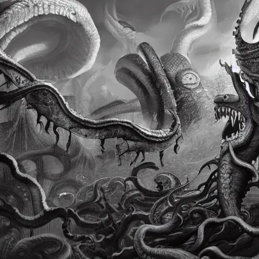 Image similar to kraken destroys a medieval town in the style of kentaro miura, 4 k, 8 k, absolute detailing of even the smallest details and particles, beautiful shadows, beautiful art, black and white drawing