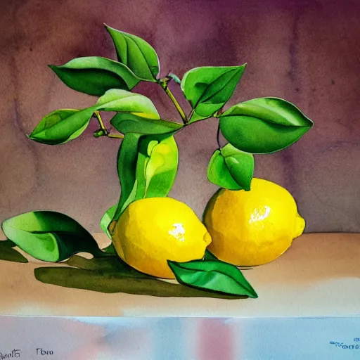 Image similar to lemon tree, trending on artstation, watercolor painting, surrealist painting by Salvador Dalí