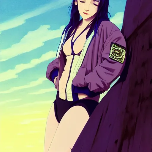 Image similar to a beautiful boyish kat dennings alluring gravure model, wearing oversized mayan bomber jacket and leotard with overalls, bulky poofy aztec native style bomber jacket with mayan patterns, gapmoe yandere grimdark, trending on pixiv fanbox, painted by greg rutkowski makoto shinkai takashi takeuchi studio ghibli, akihiko yoshida