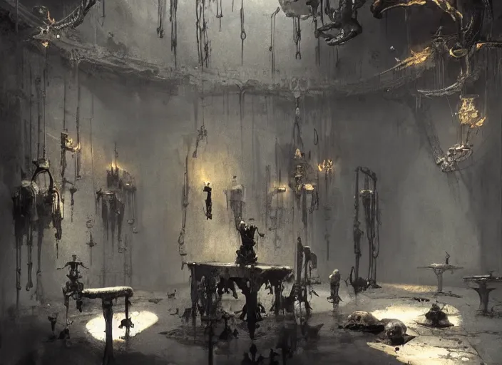 Image similar to torture dungeon room interior, chains, skulls, intricate, elegant, highly detailed, john park, frazetta, sparth, ruan jia, jeffrey catherine jones