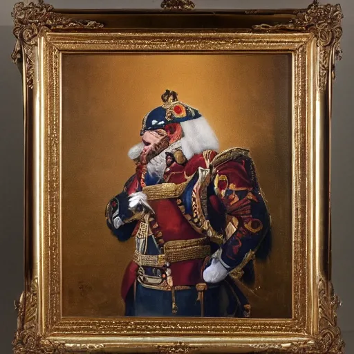Prompt: An exquisite oil painting of a orangutan dressed like a bearded Napoleon with full military regalia
