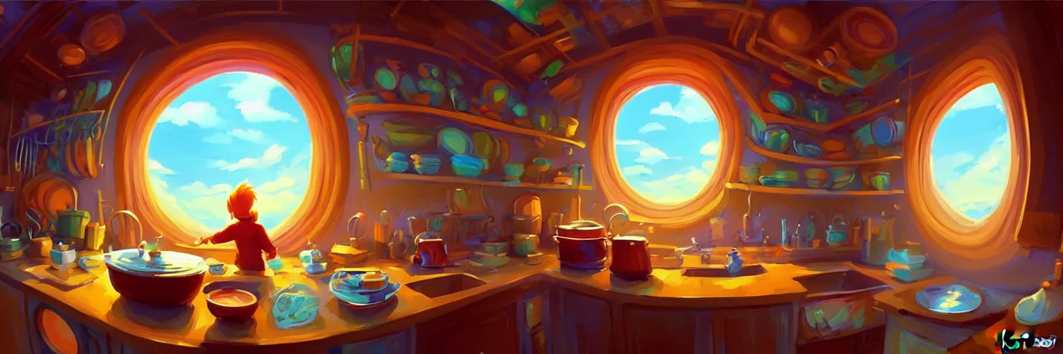 Image similar to fisheye spiral lines, naive nerikomi, weird perspective, extra narrow, detailed illustration of a kitchen dimly lit by rhads from lorax movie, trending artstation, true color