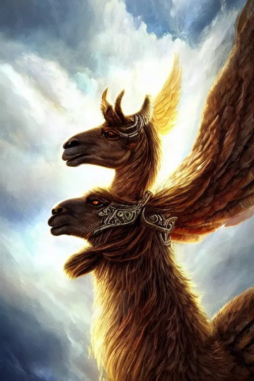 Prompt: A beautiful fierce llama angel with wings, wearing metal battle armor and a flaming sword, among heavenly sunlit clouds, close-up, intricate anthro llama portrait, elegant, digital painting, golden hour photo, cinematic, trending on artstation, anthro concept art, smooth, sharp focus, llama, illustration, art by artgerm and Greg Rutkowski and Alphonse Mucha, daily deviation, llama