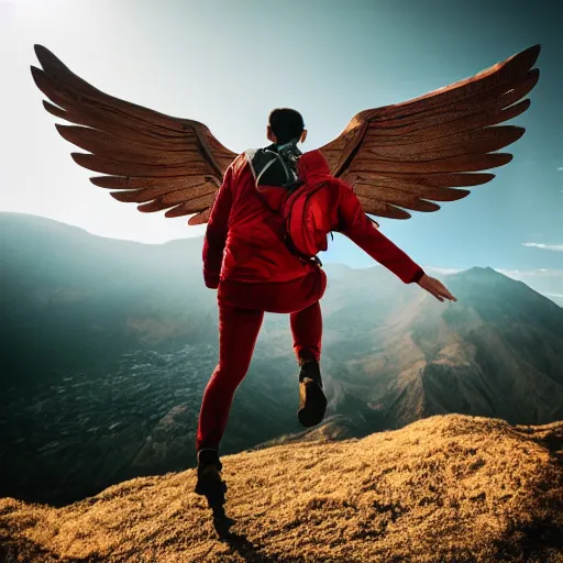 Prompt: winged man, flying over a mountain, dramatic lighting, 4 k, photography, award winning photo