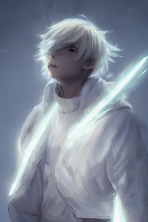 Prompt: anime young boy with short wavy white hair wearing white clothes with short cape surrounded by light orbs, moody, wlop, concept art, digital painting, trending on artstation, highly detailed, epic composition, 8 k uhd
