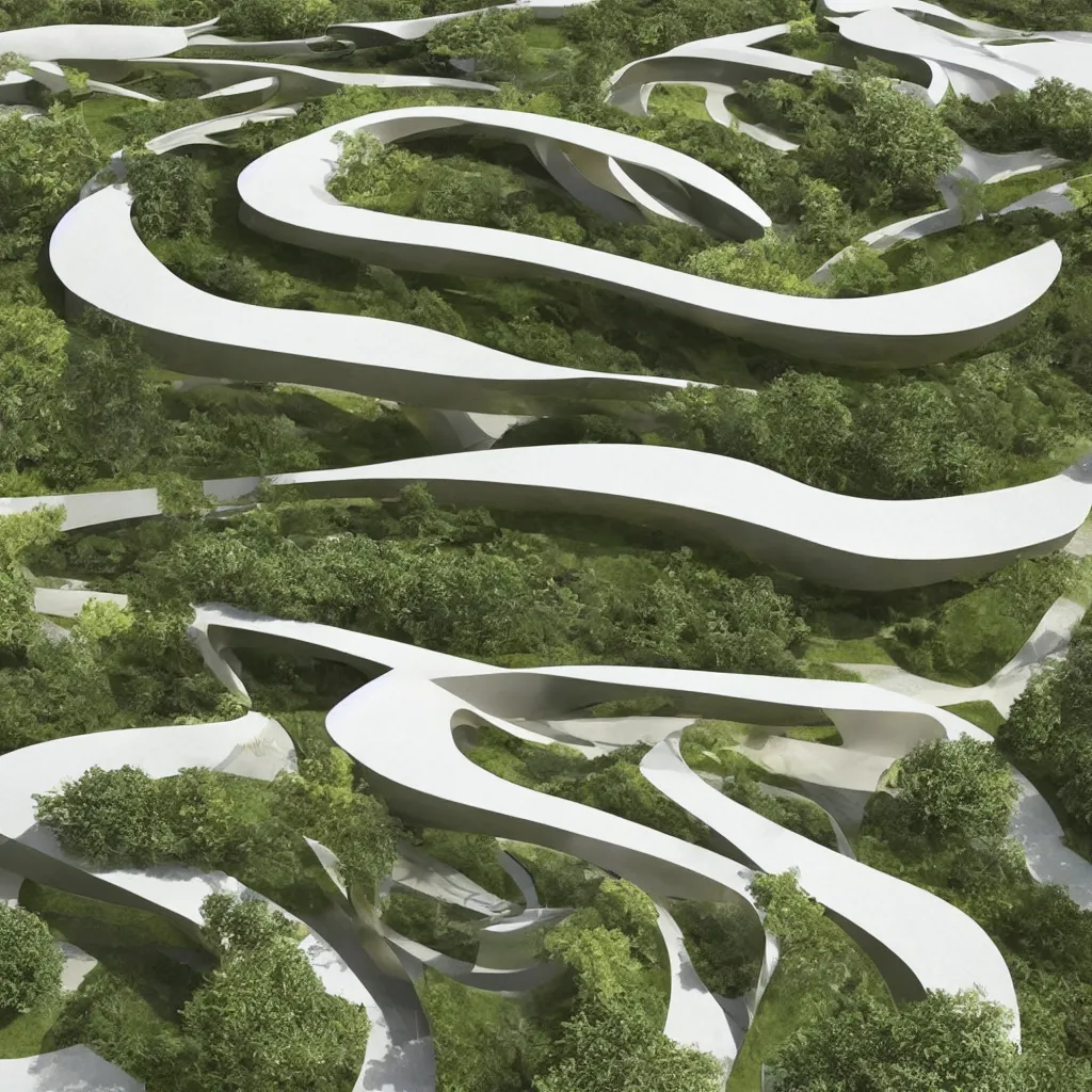 Prompt: “ an incredibly smooth curvilinear architectural sculpture, unfolding continuous golden surfaces enclose a visually interesting garden designed by zaha hadid, architecture render ”