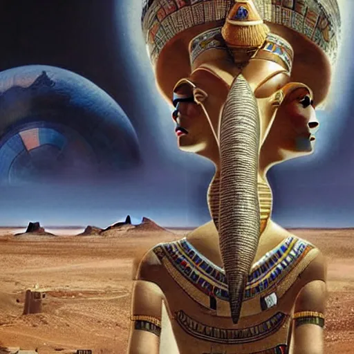 Image similar to the annunaki have returned to egypt wearing space suits that look like egyptian pharoah head - dresses and breathing hoses that look like elephant trunks - alien - looking, futuristic, detailed, photo - realism