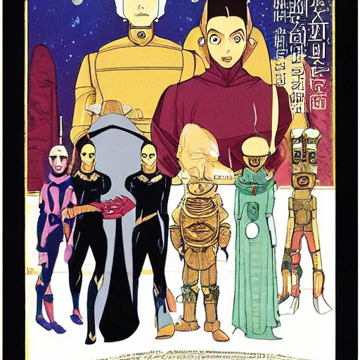 Image similar to family portrait of duke leto atreides, lady jessica and paul atreides, dune, futuristic palace, aristocratic, space opera, in the style of yamato - e, tosa school, tosa mitsuoki, iwasa matabei, awataguchi takamitsu.