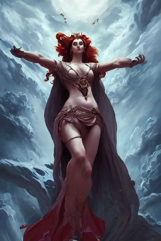 Image similar to beautiful vampire female queen, full body shot, ascending form the sky, hands reaching for her, d & d, fantasy, intricate, elegant, highly detailed, digital painting, artstation, concept art, matte, sharp focus, illustration, hearthstone, art by artgerm and greg rutkowski and alphonse mucha