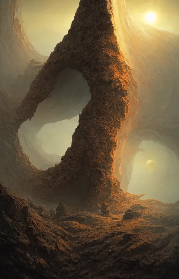 Image similar to ancient singular portal into godhood flickers omniously on a barren hellish exoplanet, philosophical concept illustrated by James Gurney and Zdislaw Beksinski and Dariusz Zawadski and Greg Rutkowski and Jeffrey Smith, dramatic lighting, ultra HD, HDR, 8k