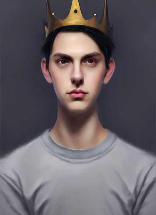 Image similar to portrait of teenage jughead jones wearing a light grey crown, photorealistic, crown, eyes closed, crown, black hair, intricate, elegant, glowing lights, highly detailed, digital painting, artstation, concept art, smooth, sharp focus, illustration, art by wlop, mars ravelo and greg rutkowski