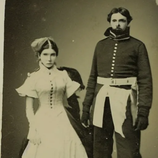 Prompt: vintage photo of a union soldier and his anime catgirl wife