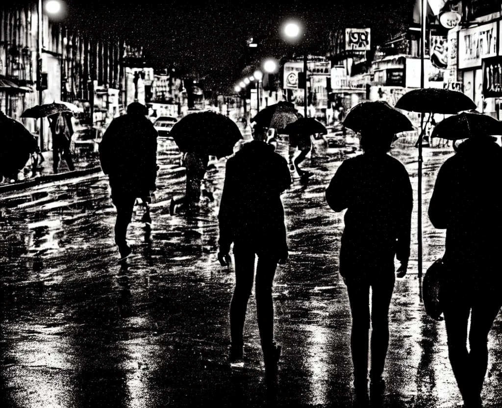 Image similar to night flash photography of punks on the lower east side in the rain!!! by Nick Silva and Margaret Keane, color photography, street photography, photorealistic, nighttime, rain, atmospheric,