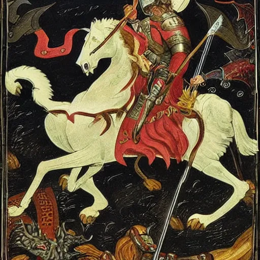 Prompt: saint george the knight on a horse fighting a dragon with a spear, by andrej dugin, olga dugina