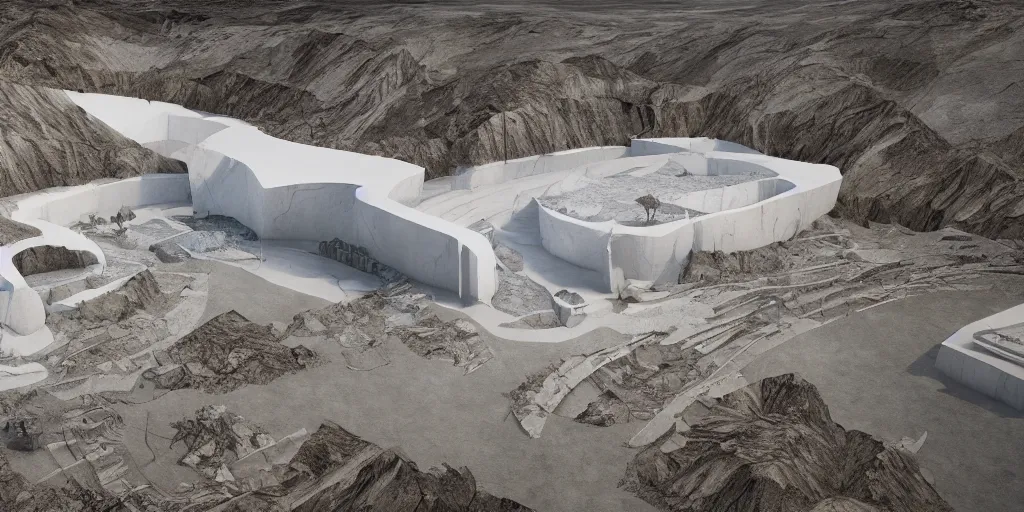 Image similar to section view render of a bioremediation white architecture for the mining tailing of chuquicamata, smooth, rossdraws, norman rockwell, emiliano ponzi, epic composition, hd, octane, unreal engine, volumetric lighting, light rays, masterpiece, award - winning