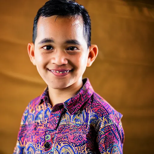 Image similar to A Photo Portrait of Joe Wearing Indonesian Batik Tulis at a fancy Balinese restaurant, award winning photography, sigma 85mm Lens F/1.4, blurred background, perfect faces