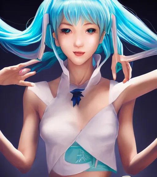 Prompt: Hatsune miku with two hands by artgerm, rossdraws, magali villeneuve, Gil Elvgren, Earl Moran, Enoch Bolles