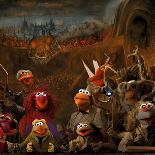 Prompt: muppets in dante's inferno with trumpeters and demons, intricate detail, hieronymous bosch, whealan, hd, unreal engine