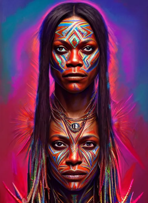 Image similar to portrait of zoe saldana, hyper detailed ultra sharp aztec shaman warrior. trending on artstation, warpaint aesthetic, bloodwave, colorful, psychedelic, ornate, intricate, digital painting, concept art, smooth, sharp focus, illustration, art by artgerm and greg rutkowski and h. r. giger, 8 k