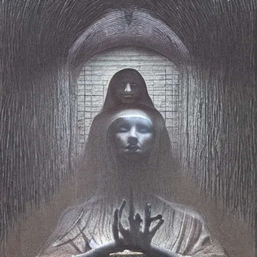 Image similar to beksinski, zdzisław - mona lisa in the style of giger, h. r. by beksinski, zdzisław and giger, h. r.