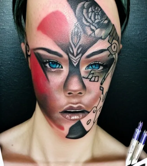 Image similar to tattoo design of a hyper realistic beautiful girl warrior, hyper detailed, inspired by eliot kohek, on white background