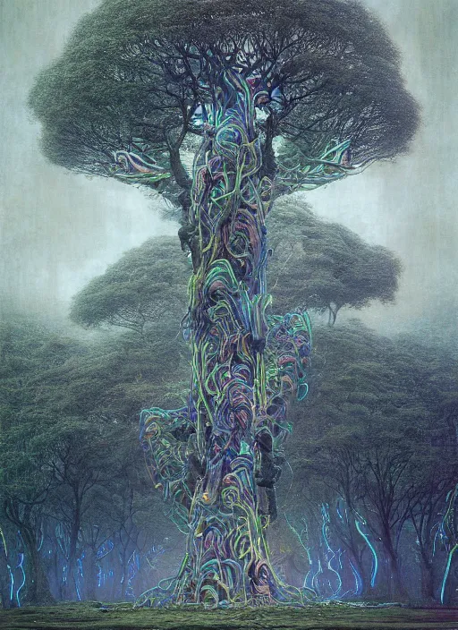 Prompt: A majestic tree, symmetrical, neon, RGB, glowing wires everywhere, pristine, by Edgar Maxence and Ross Tran, Zdzisław Beksiński, and Michael Whelan, distant, gustav dore, H.R. Giger, 8k, octane render